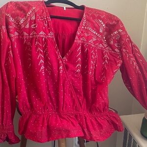 Free People Red Embroidered Blouse